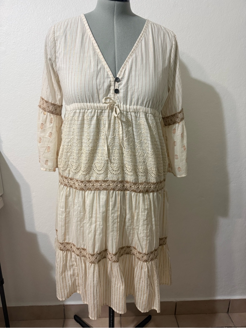 Boho Cream Midi Dress with Lace Trim and Tie Waist